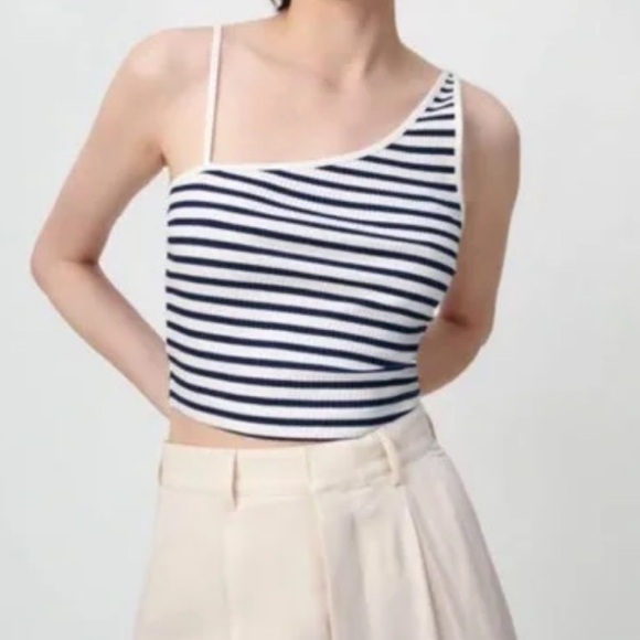Zara Tops - Zara Navy Blue and White Striped Asymmetrical Top